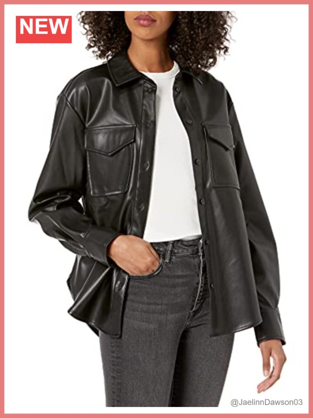 Faux Leather Long Shirt Jacket Loose Fit Collared Patch Pockets